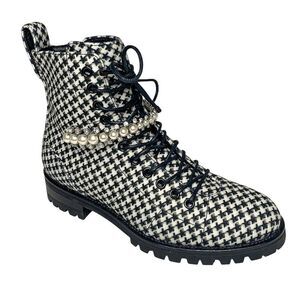 Jimmy Choo Cruz Black White Houndstooth Embellished Combat Lace-Up Boots EU 37